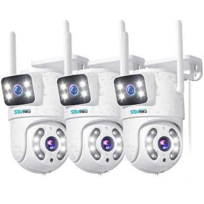 Picture of SOVMIKU【Dual Lens 6MP PTZ WiFi Security Camera, 3PCS Outdoor Security Camera, Plug-in Cable, Auto Tracking, Human Detection, Light Alarm, Color Night Vision, 2.4G WiFi, 24/7 Record, No-Monthly Fees