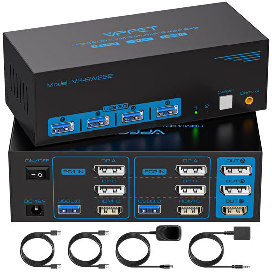 Picture of 8K@60Hz HDMI Displayport KVM Switch 3 Monitors 2 Computers 4K@120Hz Triple Monitor KVM Switches for 2 PC Share 4 USB 3.0 Ports Support Extended & Copy Mode Desktop Controller 12V Adapter Included