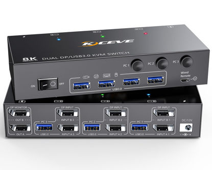 Picture of 8K Displayport KVM Switch 2 Monitors 3 Computers 8K@60Hz 4K@144Hz,Camgeet Dual Monitor KVM Switch Displayport with 4 USB 3.0 Ports for USB Devices,Wired Remote and 12V Power Adapter Included