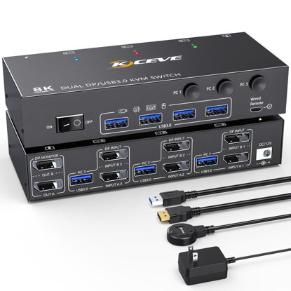 Picture of Dual Monitor KVM Switch,USB 3.0 Displayport KVM Switch 2 Monitors 3 Computers 8K@30Hz 4K@144Hz, 3 Computers Share 2 Monitors and 4 USB 3.0 Devices,Wired Remote and Cables Included