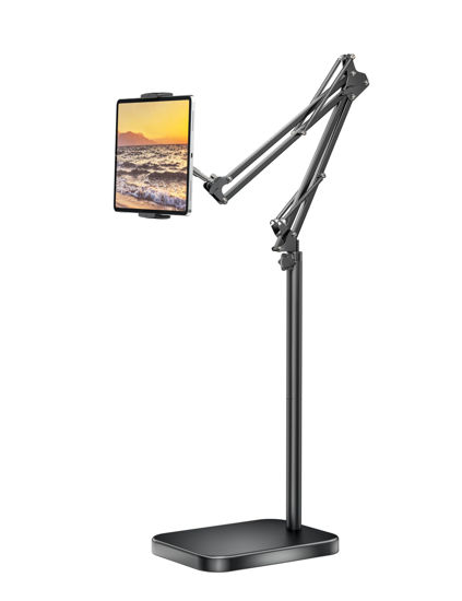 Picture of BluuSuuk Tablet Floor Stand with 11lb Stable Base - Adjustable Height Stretchable Arm Swivel Holder Mount, Compatible with iPad Pro Air Mini 12.9/9.7, Kindle, Galaxy Tab, Cell Phones (4.7''-13'')