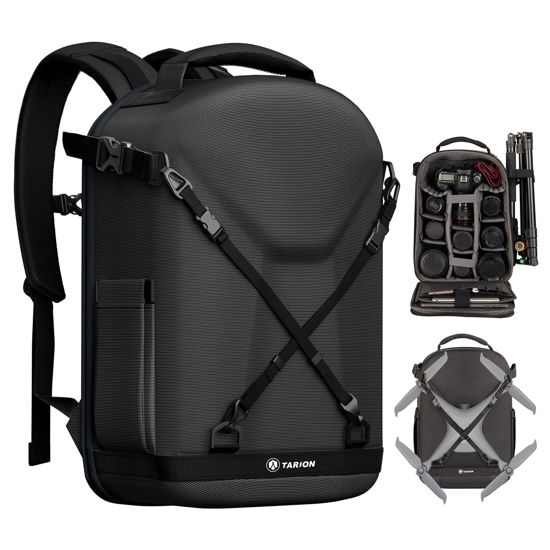 Picture of TARION Hardshell Camera Backpack Bag: 3-side Hard Case Camera Backpack Photography Bag DSLR Backpack Bag with Waterproof Raincover Laptop/Tripod Compartment for Men Women Photographers Black