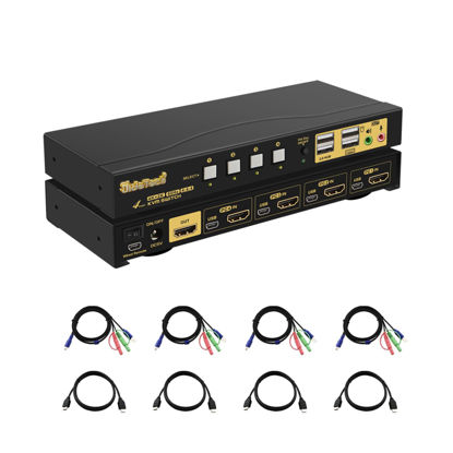 Picture of KVM Switch HDMI 4 Port Support Ultra HD 4k@60hz for 4 Computers Share 1 Monitor, HDMI USB Switch with Audio&Microphone Support Hotkey Mouse, EDID, Wire Remote Push Button Switching, Plug and Play