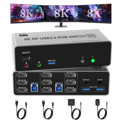 Picture of 8K@60Hz KVM Switch 3 Monitors 2 Computers 4K@144Hz, DP 1.4 Displayport KVM Switch Triple Monitor for 2 Computer Share 3 Monitor, Audio Mic Port and 3 USB3.0 Devices Support Extended and Copy Mode