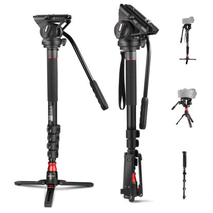 Picture of NEEWER Professional Camera Monopod with Feet, 70.5"/179cm Telescopic Portable Aluminum Travel Monopod with Pan Tilt Fluid Head and Removable Tripod Base for DSLR Camera Camcorder, Max Load 13.2lb/6Kg