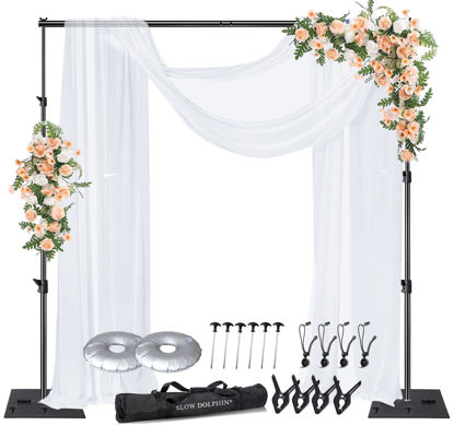 Picture of SLOW DOLPHIN Pipe and Drape Photography Backdrop Stand Kit Adjustable Photo Background Stand 10ft x 10ft with Metal Base for Parties Weddings Birthday Party Events Photo Booth