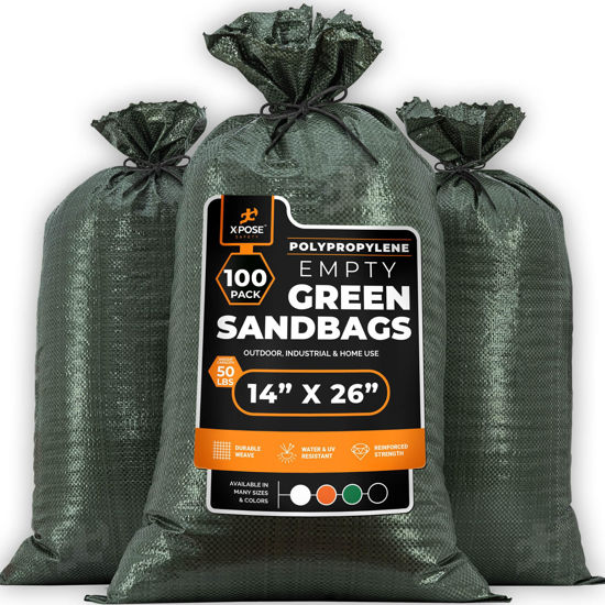 Picture of Woven Polypropylene Sand Bags for Flooding, Gravel - 14" x 26" Sacks 50 lb Weight Limit, Military Grade Reusable Refillable Sand Bag for Hurricane Flood Protection, Empty Sandbags Green, Bundle of 100