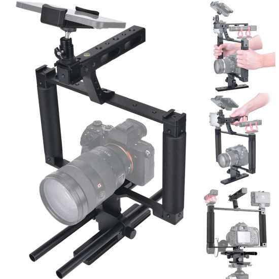 Picture of Universal Aluminum Alloy DSLR Mirrorless Camera Camcorder Stabilizer Extension Cage Mount for Mic Monitor Light, Movie Making Rig YouTube Tiktok Vlogging Video Kit w/Phone Holder for Canon Sony Nikon