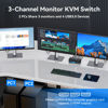 Picture of KVM Switch 3 Monitors 2 Computers HDMI 4K60Hz USB3.0 KVM Switch 2 Ports with 4 USB Ports for 2 Computers Sharing Triple Monitor and 4 USB Devices Support Extended & Copy Mode with 2 USB Cables