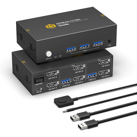 Picture of 8K KVM Switch Dual Monitor with USB3.0 Ports for 2 PCs Share USB Devices, HDMI KVM Switch 2 Monitors 2 Computers Support 8K@60Hz 4K@144Hz/120Hz, Wired Remote Controller, Button Switch