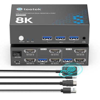 Picture of 4K@240Hz HDMI KVM Switch 2 Monitors 2 Computers, 8K@60Hz Dual KVM Switch for 2 Computers Sharing 2 Monitors, Keyboard, Mouse, Hard Drives, Printer, with EDID Adaptive, 2*USB Cables, and Controller.