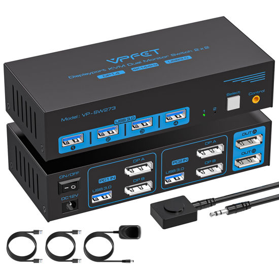 Picture of 4K@144Hz Displayport KVM Switch 2 Monitors 2 Computers USB3.0 KVM Switch Dual Monitor for 2 Computers Share 2 Monitors and 4 USB Devices Support Extended/Copy Mode with Desktop Controller