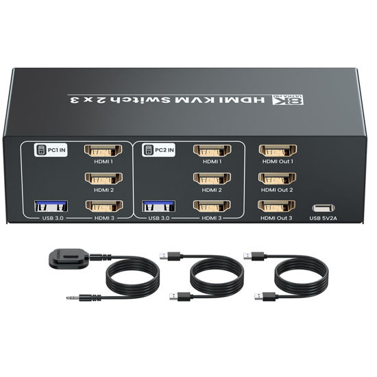 Picture of 8K/60Hz USB 3.0 Three Monitor HDMI KVM Switch, 4K120Hz HDMI KVM Switcher 3 Monitors 2 Computers for 2 PC Share 3 Monitors and 1 Set of Keyboard Mouse and Other USB Devices