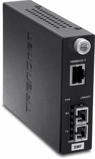 Picture of TRENDnet Intelligent 1000Base-T to 1000Base-LX/SX Single Mode SC Fiber Media Converter (20KM, 12.4Miles), Fiber to Ethernet Converter, SC Type Fiber Port,Lifetime Protection, TFC-1000S20, Black