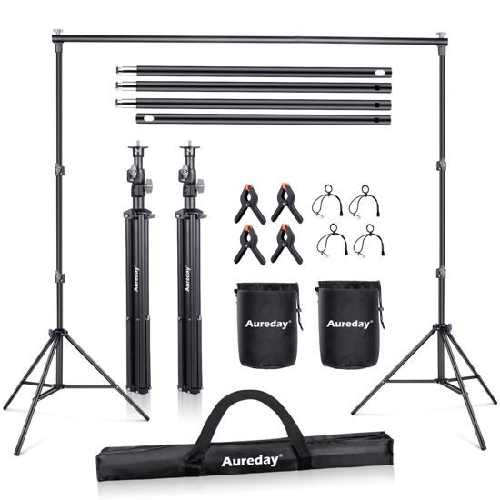 Picture of Aureday Backdrop Stand, 10x10ft Adjustable Photo Backdrop Stand for Parties, Heavy Duty Background Stand with Travel Bag, Backdrop Clamps, Crossbars, 2 Sandbags for Wedding/Decorations/Photoshoot