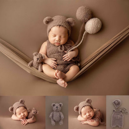 Picture of Zynlhn Newborn Photography Outfit Hand-knitted Newborn Photo Shoot Outfit, 6 Pcs Newborn Picture Props Bear Doll and Balloon, Newborn Photography Outfits for Baby Boys Girls Photoshoot (Brown)