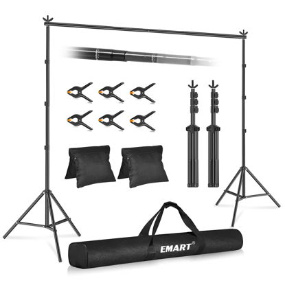 Picture of EMART Backdrop Stand 10x10ft(WxH) Photo Studio Adjustable Background Stand Support Kit with 2 Crossbars, 6 Backdrop Clamps, 2 Sandbags and Carrying Bag for Parties Events Decoration