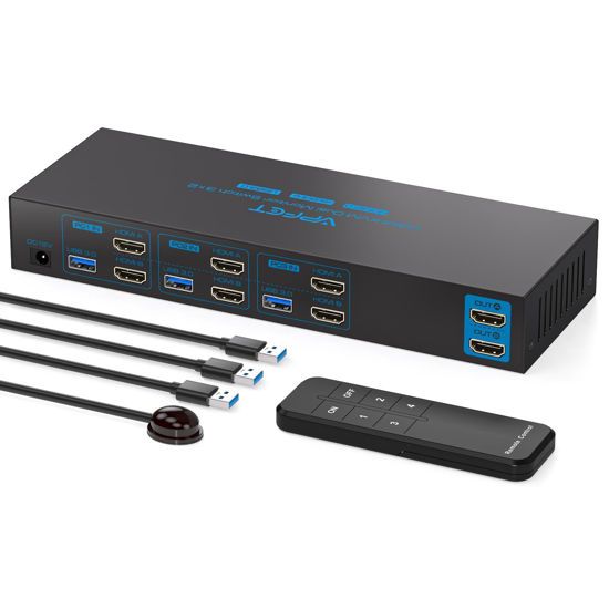 Picture of 4K60Hz HDMI KVM Switch 2 Monitors 3 Computers EDID Simulation USB3.0 KVM Switch 3 Ports with 4 USB Ports for 3 Computers Share 2 Monitors and 4 USB Devices with 3 USB Cable and DC12V Adapter