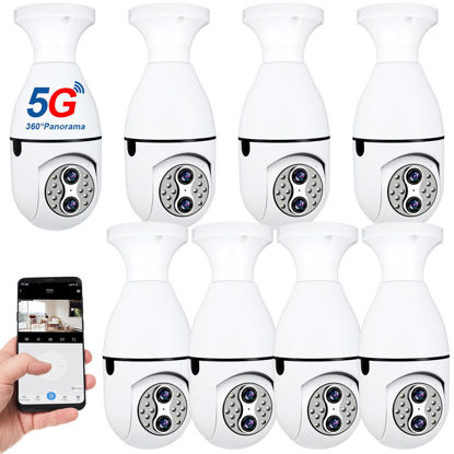 Picture of Lingvee 8 Pieces 2K Light Bulb Security Camera 5GHz 2.4GHz Security Camera Wireless Outdoor 360 Panoramic Surveillance E26/E27 Night Vision Light Bulb Camera 2 Way Indoor Outdoor Compatible with Wi-Fi