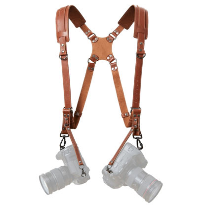 Picture of Padwa Lifestyle Tan Dual Camera Harness Strap for Two-Cameras - Dual Shoulder Full Grain Leather Harness,Multi Double Camera Gear for DSLR/SLR Strap,Double Camera Harness for Photographers