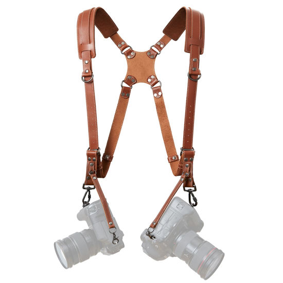 Picture of Padwa Lifestyle Tan Dual Camera Harness Strap for Two-Cameras - Dual Shoulder Full Grain Leather Harness,Multi Double Camera Gear for DSLR/SLR Strap,Double Camera Harness for Photographers