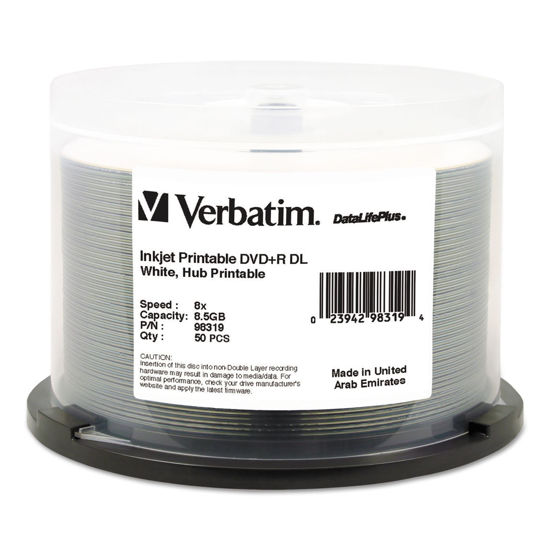 Picture of Verbatim 98319 DVD+R Dual Layer Recordable Disc, 8.5GB, 8X, Printable, Spindle, 50/Pk