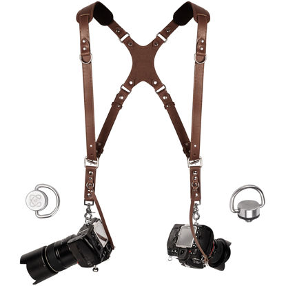 Picture of Camera Harness for 2 Cameras Slim Dual Shoulder Leather Camera Strap Camera Straps for Photographers with Safety Tether Adjustable Size, Color Brown