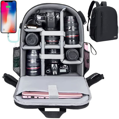 Picture of Cwatcun Camera Backpack with USB,Rain Cover,fit 15.6" Laptop,Anti-Theft Rear Open Camera Bag,Waterproof Camera Case with Tripod Straps for Canon Nikon Sony DSLR SLR Photography Bag Unisex(III-L-Black)