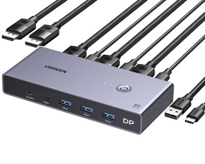 Picture of UGREEN 8K Displayport KVM Switch DP 1.4 with 4 USB 3.0 Ports (3 USB-A + 1 USB-C) Support 8K@60Hz 4K@240Hz Share 1 Monitor Keyboard Mouse USB C Hard Drive Printer, with 2 DP Cables, 2 USB A to C Cables