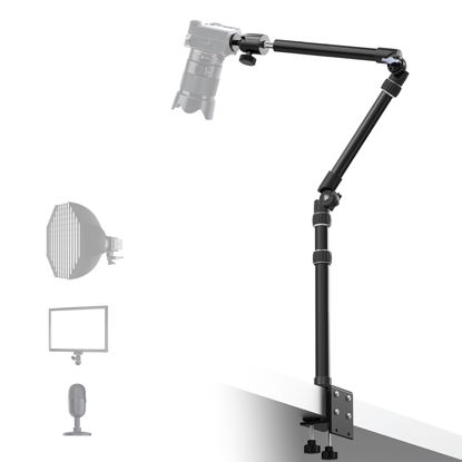 Picture of 【All Metal】RAUBAY Desktop Magic Arm, Overhead Camera Desk Mount, Table Light Stand with 1/4“ Ball Head, 3/8" & 5/8" Adapter, C Clamp, Retractable Boom Arm for DSLR, Webcam, Microphone, Projector DMA01