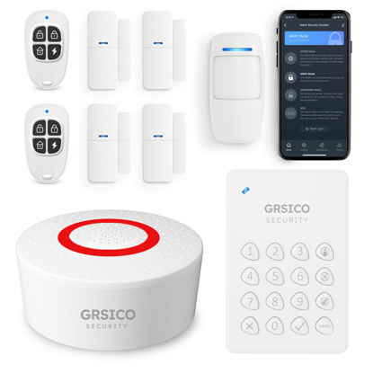 Picture of GRSICO Wireless Home Alarm System 9-Piece Kit, WiFi Alarm System for Home Security with Phone APP Alert (Alarm Siren, Keypad, Remote, Motion, and Door Sensors) for Home, Apartment, Work with Alexa