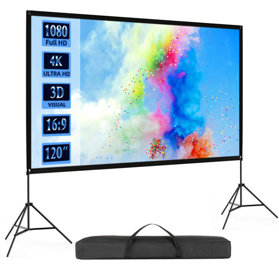 Picture of Projector Screen with Stand, Thickened 120 inch Portable Projector Screen Outdoor Indoor Movie Screen Wrinkle Free 16:9 4K HD Rear Front Projection Screen with Carrying Bag for Movie Night Travel