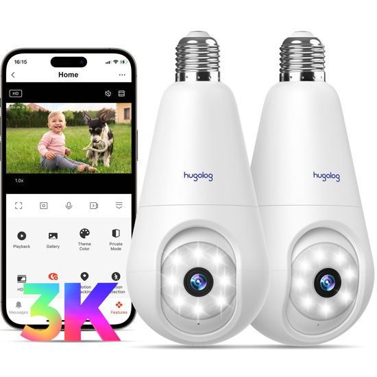 Picture of Hugolog 3K Light Bulb Security Cameras Wireless Outdoor-2.4GHz Cameras for Home Security Indoor with AI Sound Processing, Motion Detection,Color Night Vision,Auto Tracking,Siren Alarm