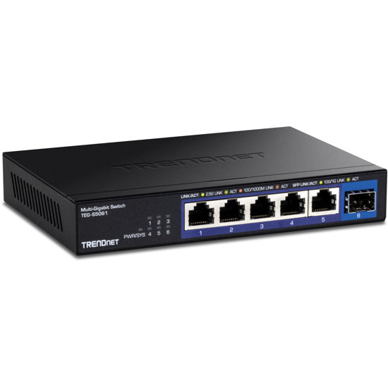 Picture of TRENDnet 6-Port Unmanaged 2.5G Switch with 10G SFP+Port, TEG-S5061, 5 x 2.5GBASE-T Ports, 45Gbps SwitchingCapacity, Fanless, Wall Mountable,Lifetime Protection,Black