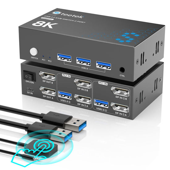 Picture of 4K@240Hz KVM Switch 2 Monitors 2 Computers Displayport, 8K@60Hz KVM Switches for 2 Computers Sharing Dual Monitor Keyboard Mouse Hard Drives Printer,with EDID Adaptive, 2*USB Cable and Controller.