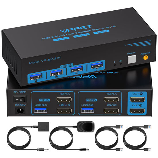 Picture of 8K HDMI KVM Switch 2 Monitors 2 Computers Dual Monitor Support 8K@60Hz 4K@120Hz KVM Switcher PC Extended Display for 2 Port Share 4 USB 3.0 HUB Desktop Controller and 2 USB Cables Included