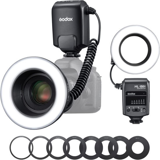 Picture of Godox ML150 II Macro Ring Flash with 8pcs Adapter Ring for Sony Canon Nikon Fuji Olympus Panasonic DSLR Cameras, Shooting Insects, Flowers, Portraits, Food and Dental Photography