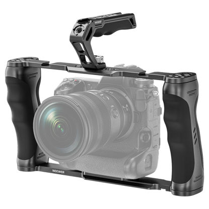 Picture of NEEWER Universal Camera Cage & Top Handle with 3/8" ARRI Locating Pins Kit, Video Rig Camera Stabilizer with Arca Type Base, Dual Handgrips, Compatible with SmallRig Accessories, CA016T