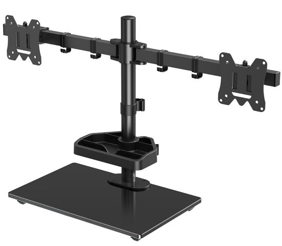 Picture of MOUNTUP Dual Monitor Stand, Free Standing Monitor Desk Mount for 2 Screens fits 13-27 inch, Holds Max 17.6 lbs, Computer Monitor Arms with Tempered Glass Base & Storage Tray VESA 75x75 &100x100mm