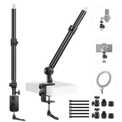 Picture of NEEWER Camera Desk Mount Stand 225° Tilt & 360° Swivel 17.7"-24.8" Tabletop Desktop Light Stand Adjustable Table Top Stand C Clamp Ball Head Screw for Ring Light DSLR Phone Overhead Photography 2 Pack