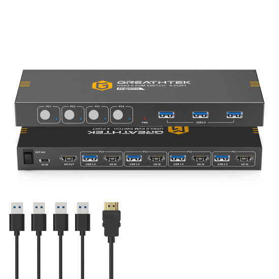 Picture of USB3.0 KVM Switch HDMI 4K@60Hz for 4 Computers Share 1 Monitor, KVM Switch 4 Port with 3 USB 3.0 Ports Share Keyboard Mouse, Support Button Switch, Plug and Play