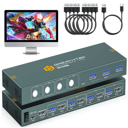 Picture of USB3.0 KVM Switch 4 Computers 1 Monitors,4K@60HZ 4 Port HDMI KVM Switches with 3 USB3.0 Ports to Share Keyboard Mouse Printer,4 in 1 Out Monitor Switch