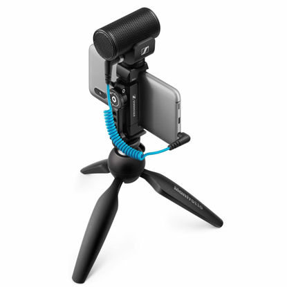 Picture of Sennheiser Pro Audio Sennheiser Professional MKE 200 + Mobile Kit, Directional On-Camera Microphone with Smartphone Clamp & Manfrotto PIXI Mini Tripod, 509256, Black