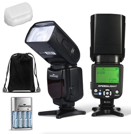 Picture of Commander Optics E-TTL Flash Speedlite Bounce/Swivel LED Backlit with 4 Rechargeable AA Batteries for Canon Rebel T7, SL3, 4000D, 850D, 80D, 90D, R, RP, R5, R6, R8, 6D Mark II, 5D Mark IV & More