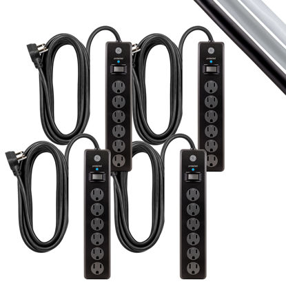 Picture of GE 6-Outlet Surge Protector, 4 Pack, 15 Ft Extension Cord, Power Strip, 800 Joules, Flat Plug, Twist-to-Close Safety Covers, Protected Indicator Light, UL Listed, Black, 54652