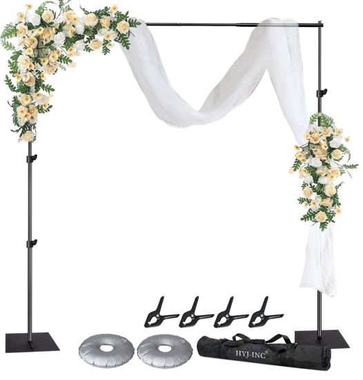 Picture of HYJ-INC Pipe and Drape Photography Backdrop Stand Kit Adjustable Photo Background Stand 10ft x 8.5ft with Metal Base for Parties Weddings Birthday Party Events Photo Booth with 4 Clamps,Carrying Bag.