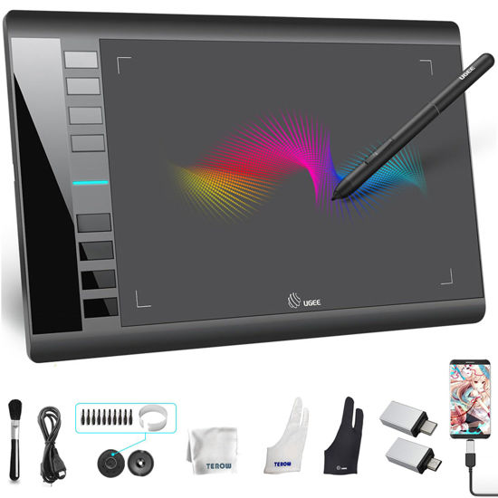 Picture of UGEE Graphics Drawing Tablet, M708 V2 10x6 Inch Ultra Thin Large Graphics Drawing Tablets Art Pad with 8 Hot Keys 8192 Level Battery-Free Stylus for Win/Mac/Android, Creation Sketch, Online Teaching