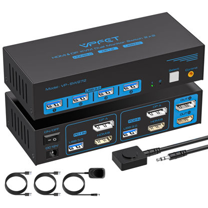 Picture of HDMI Displayport KVM Switch 2 Monitors 2 Computers 4K@60Hz DP KVM Switcher Dual Monitor for 2 Computers Share 2 Screens and 4 USB 3.0 Ports Support Extended/Copy Mode with Desktop Controller