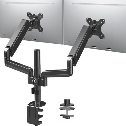 Picture of VIVO 17 to 32 inch Dual Pneumatic Monitor Mount, 2 Pneumatic Arms, Adjustable Swivel, Rotation, Heavy Duty VESA Desk Stand with C-clamp, Grommet, Max VESA 100x100, Black, STAND-V002K