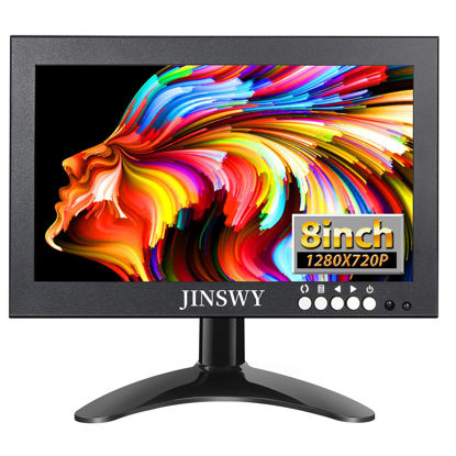 Picture of JINSWY 8 Inch Small HDMI Monitor, Security Monitor Screen 1280x720 16:9 IPS Metal Mini CCTV Monitor Support HDMI/VGA/AV/BNC Input with Wall Bracket, Remote, Speakers, Suitable for Security Camera